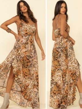 Free People Bohemian Floral Maxi Dress - Mustard Yellow